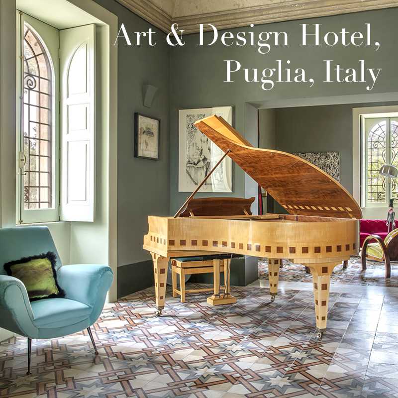 The grand piano in the lounge at hotel Castle Elvira in Puglia